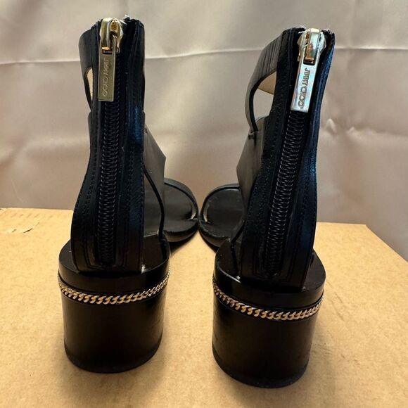 Jimmy Choo Valla-Style Black Leather Block Heel Sandals w/ Chain Detail, Size 38 - Picture 8 of 13